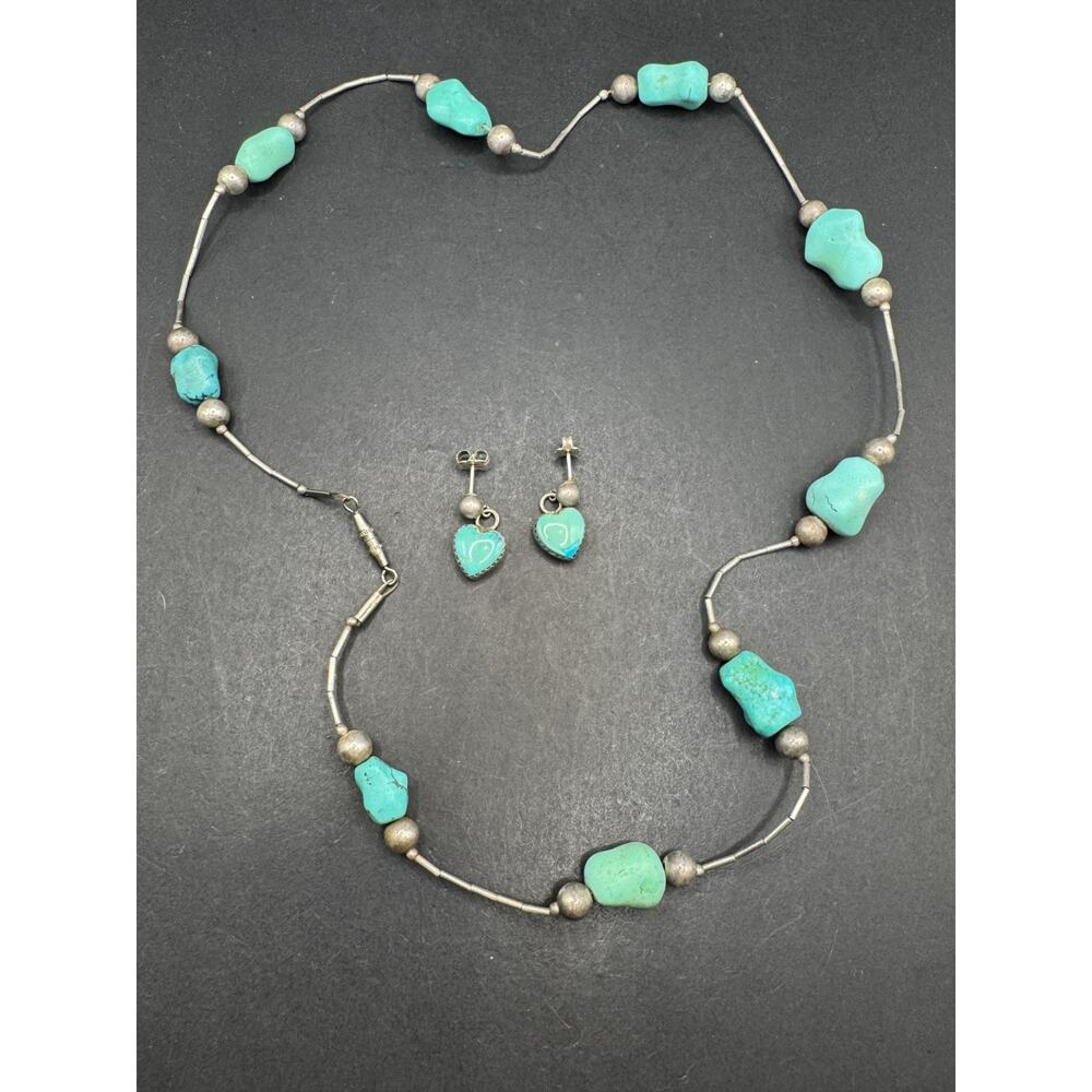 Vtg Navajo Turquoise Nugget Sterling Silver 925 Bead Necklace & Earrings Set
